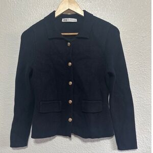 ZARA Black Textured Knit Blazer Gold Anchor Buttons Cropped Jacket Size S